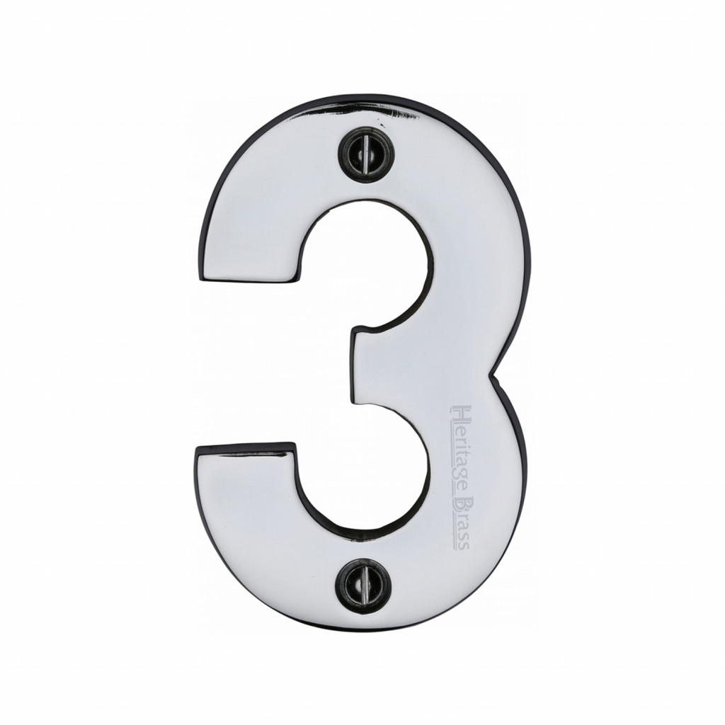Heritage Brass Numeral 3  - Face Fix 76mm  – Heavy font